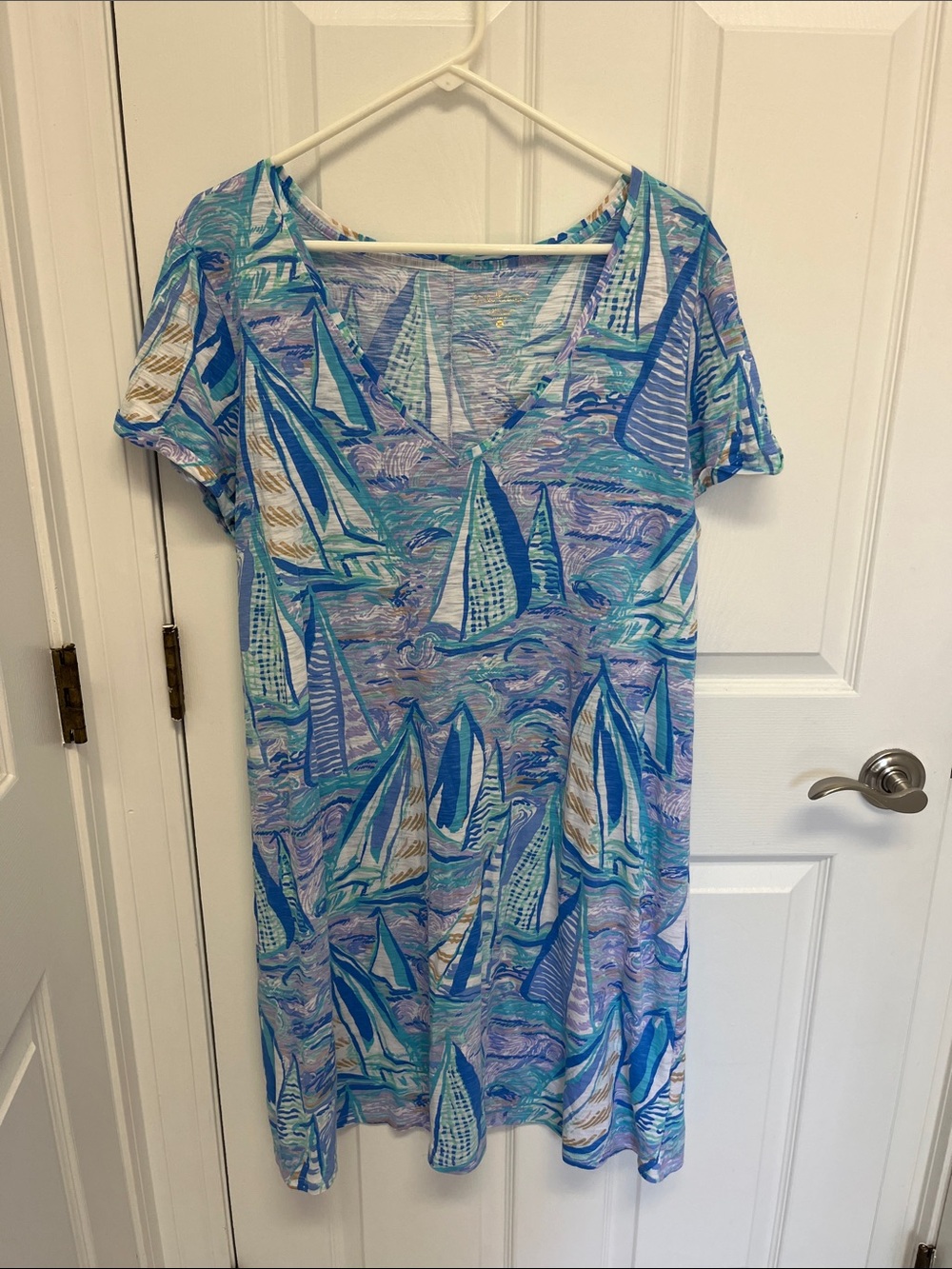 Blue & Aqua Sailboat Print V-Neck Dress